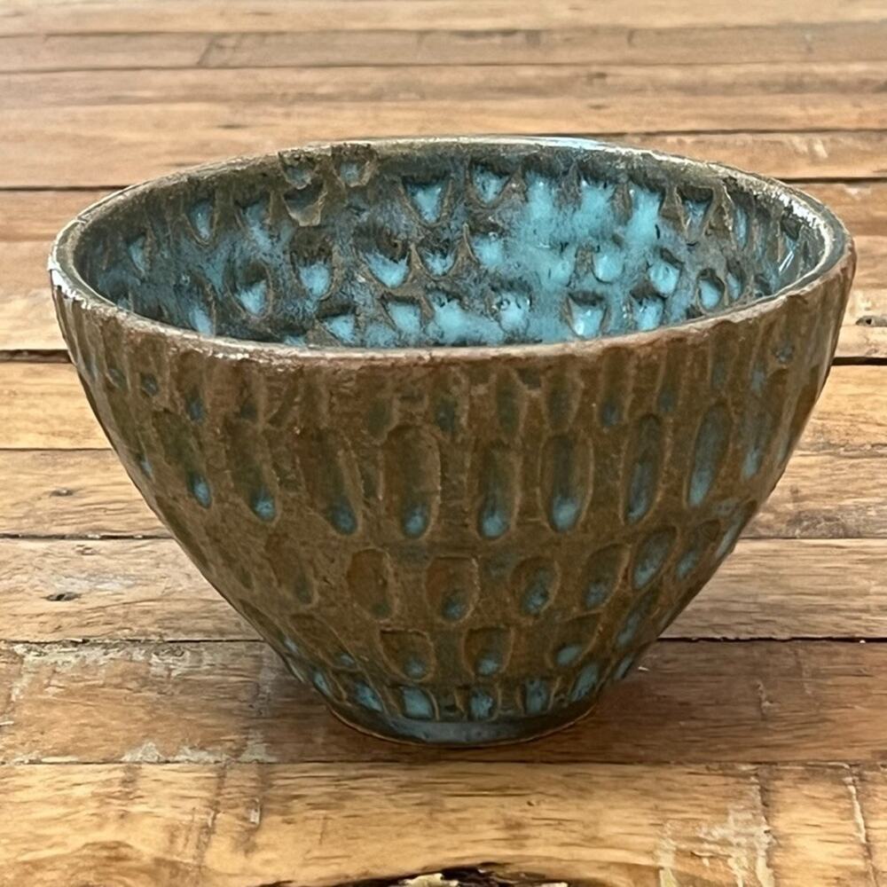 Studio Art Pottery Stoneware Bowl Teal Blue & Green Carved Design